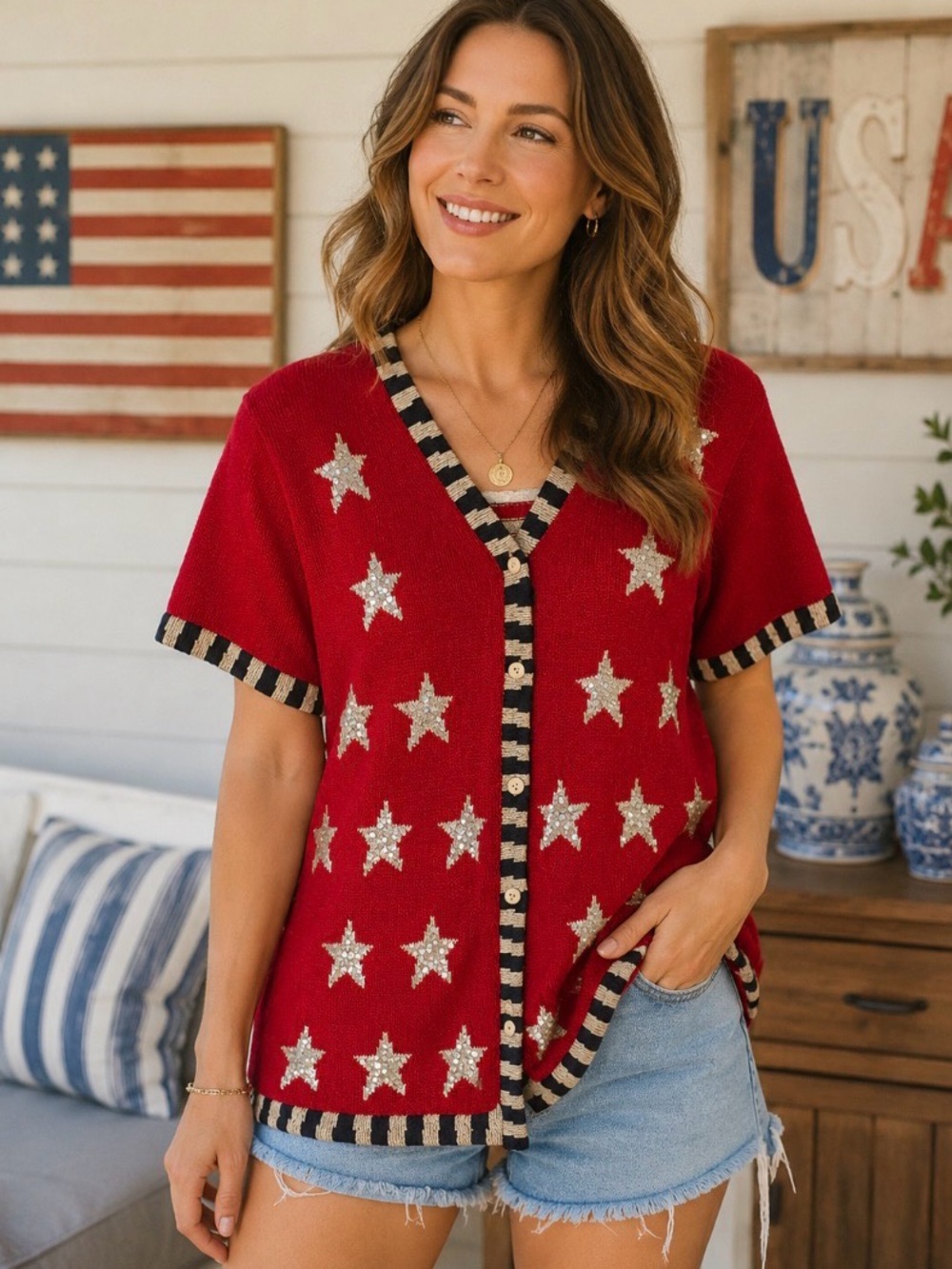 Vintage Patriotic Star Cardigan Sweater USA Flag Sequin Knit Large